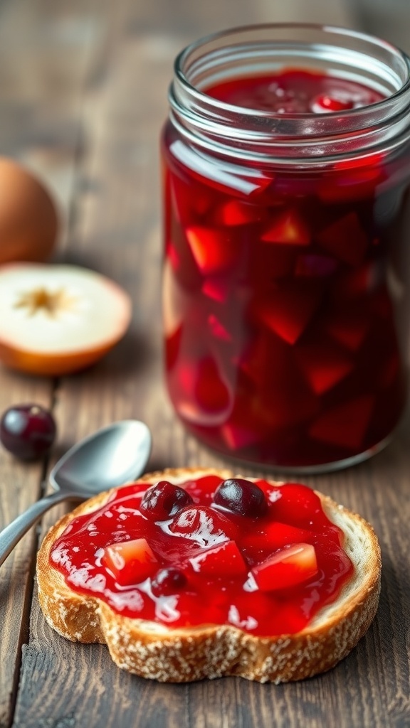 A jar of homemade jam with frozen fruit, next to a slice of toast topped with the jam on a wooden table.